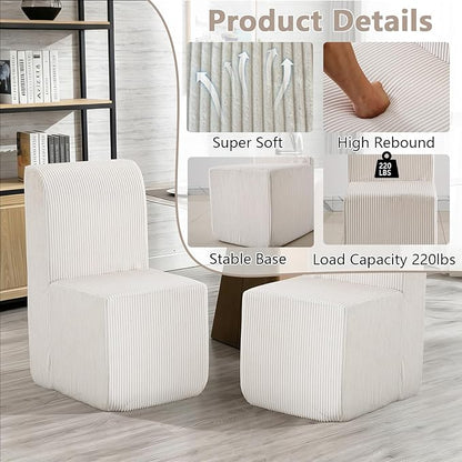Modern Corduroy Upholstered Armless Dining Chair, Comfortable Dining Room Chair Side Leisure Chairs with Mid Back for Dining Room Kitchen Bedroom Reading Room, No Assemble, Beige
