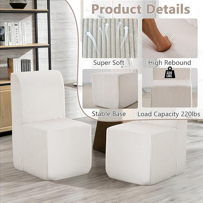Modern Corduroy Upholstered Armless Dining Chair Set of 2, Comfortable Dining Room Chair Side Leisure Chairs with Mid Back for Dining Room Kitchen Bedroom Reading Room, No Assemble, Beige