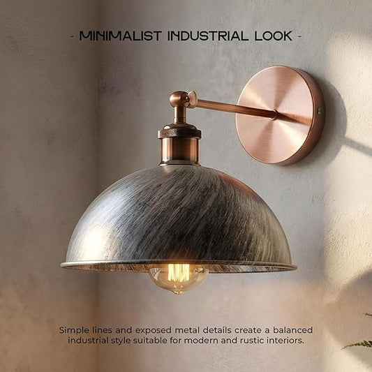 Dome Metal Wall Sconce, 180° Adjustable Industrial Wall Lamp for Bedside, Study, Kitchen, and Living Room Décor. (Brushed Silver_)