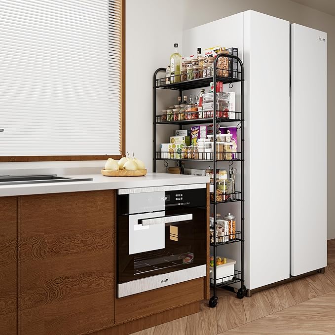6 Tier Slim Storage Cart with Wheels, Metal Mobile Shelving Unit Organizer Utility Cart for Office Bathroom Kitchen Laundry Room Narrow Places (10inches)