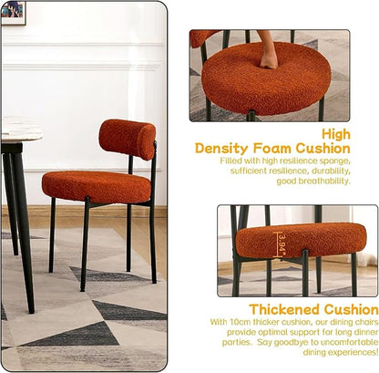EDWELL Orange Dining Chairs Set of 4, Mid-Century Modern Dining Room Chairs with Thick Cushion, Round Upholstered Boucle Chairs for Kitchen, Living Room, Armless Kitchen Chairs with Black Metal Legs