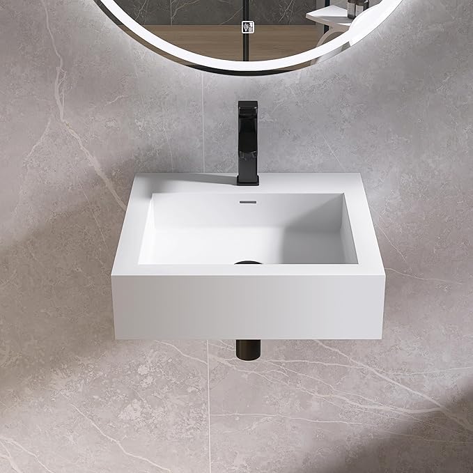Small Vessel Sink, 19" x 19" Wall Mount Bathroom Sink, Stone Resin Floating Sinks with Overflow, Square Solid Surface Floating Vessel Sinks, White
