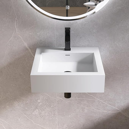 Small Vessel Sink, 19" x 19" Wall Mount Bathroom Sink, Stone Resin Floating Sinks with Overflow, Square Solid Surface Floating Vessel Sinks, White