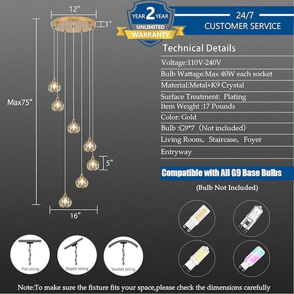 Weesalife Crystal Chandeliers for Staircases, 7-Light Gold Modern Chandeliers for High Ceilings，Crystal Pendant Light Fixture for Living Room Kitchen Island Foyer Hallway Bar
