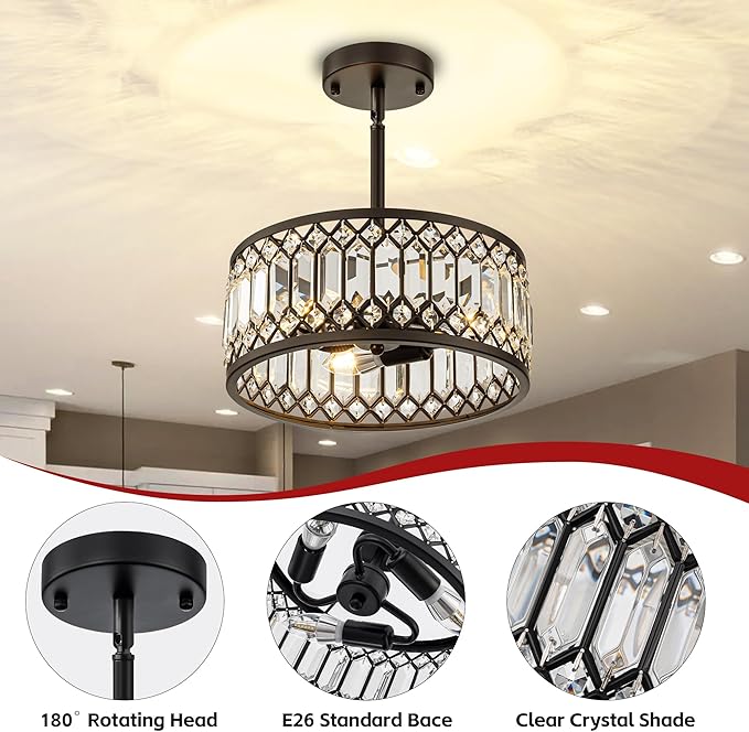 3-Light Crystal Ceiling Light, Black Semi Flush Mount Ceiling Lighting Fixture with Drum Shade, Dia 12" Lighting Fixtures for Hallway, Kitchen, Entryway, Bedroom, Laundry Room