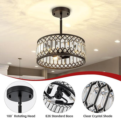 3-Light Crystal Ceiling Light, Black Semi Flush Mount Ceiling Lighting Fixture with Drum Shade, Dia 12" Lighting Fixtures for Hallway, Kitchen, Entryway, Bedroom, Laundry Room