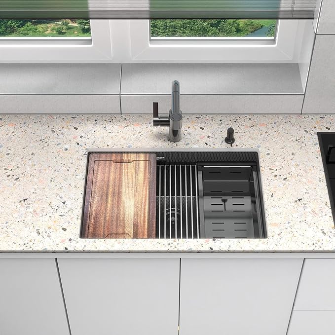 28inch Black Kitchen Sink Undermount - Feibus 28x19x10 with Double Step Workstation 16 Gauge Honeycomb Embossment Stainless Steel Single Bowl