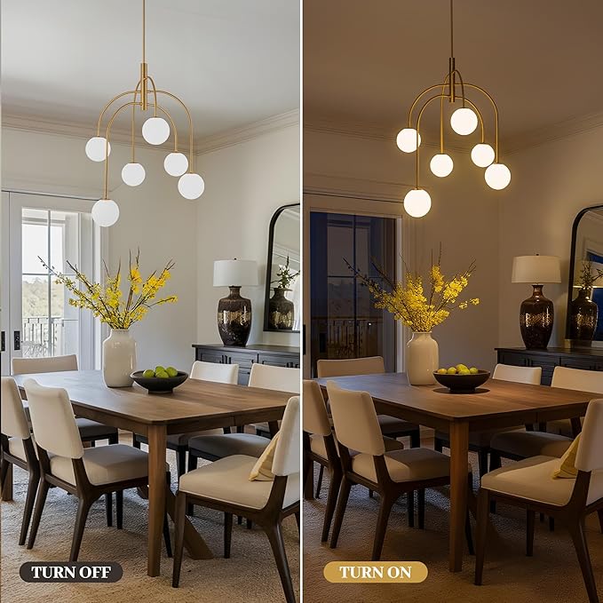 LamQee 6 Lights Mid Century Modern Chandelier, Milk Glass Globe Chandelier Light Fixture with Gold Metal & White Ball, Large Pendant Lighting Ceiling Hanging for Dining Room Kitchen Island Entryway