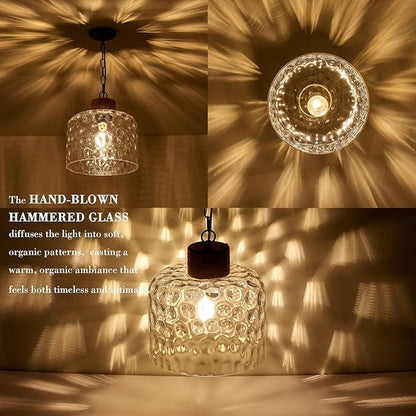 VILUXY Large Hammered Glass Pendant Light Farmhouse Dome Pendant Lighting Hand-Blown Hammered Glass Shade Black Adjustable Ceiling Hanging Light for Kitchen Island Dining Room Hallway, UL Listed