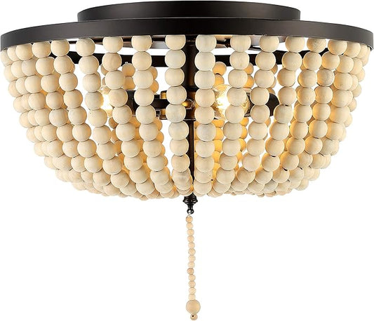 JONATHAN Y 15" Oil Rubbed Bronze/Cream Allison 3-Light LED Flush Mount Ceiling Light for Bedroom, Wood Beaded Shade Shabby Chic Farmhouse Rustic Decor, LED Bulbs Included (JYL9019B)