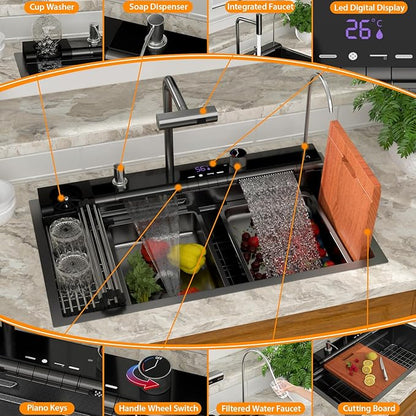 Mocoloo 33 Inch Black Honeycomb Waterfall Kitchen Sink Drop in, 33x19 Inch Stainless Steel Workstation Sink 16 Gauge Topmount Single Bowl LED Display Sink with Complete Kit