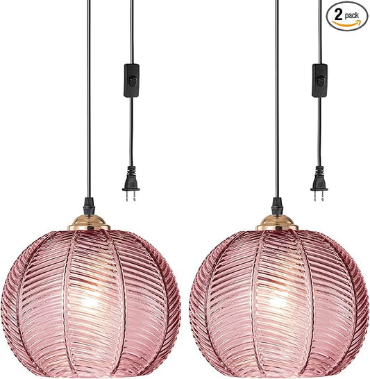Hanging Plug in Lights for Ceiling 2 Pack, Pink Glass Chandelier Plug in Light Fixture, Modern Corded Hanging Lamps for Living Room Kitchen Dining Room Girls Bedroom