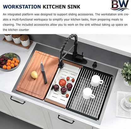 33 x 22 Drop In Kitchen Sink Black Workstation - 16 Gauge Stainless Steel Sinks Handmade 10 Inch Deep Single Bowl Kitchen Sink Top Mount Easy to Clean
