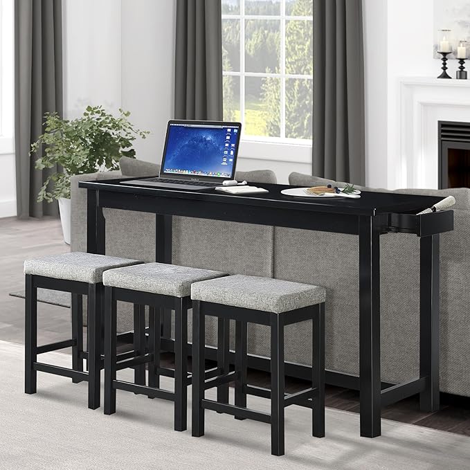 Lexicon Oreille Bar Table with Stools Set, Modern Console Table with Stools - 4-Piece Set with 2 USB Ports & A/C Power Outlets, Counter Height, Discrete Drawer, Perfect Dining Room & Kitchen Black
