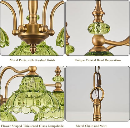 HDDFL Chandeliers Light 5 Lights Chandelier Lamp Modern Pendant Lighting Fixtures Hanging Lamps for Dining Room Entryway Living Room Bedrooms Foyer Entrance Kitchen Brass and Green