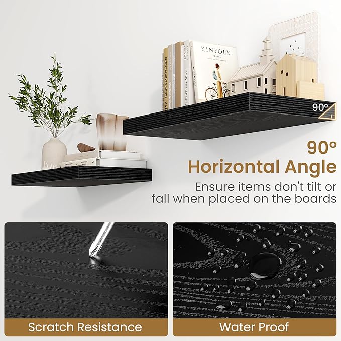 Fun Memories 36 Inch Floating Shelves in Black, 9.3 Inch Deep Floating Shelf for Bathroom Living Room Kitchen, Rusitc Wall Mounted Bathroom Shelves 2 Pack, Heavy-Duty Deep Shelf for Books Decor