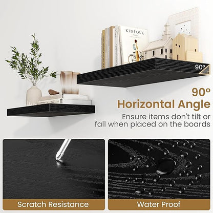 Fun Memories 40 Inch Floating Shelves in Black, 9.3 Inch Deep Floating Shelf for Bathroom Living Room Kitchen, Rusitc Wall Mounted Bathroom Shelves 2 Pack, Heavy-Duty Deep Shelf for Books Decor