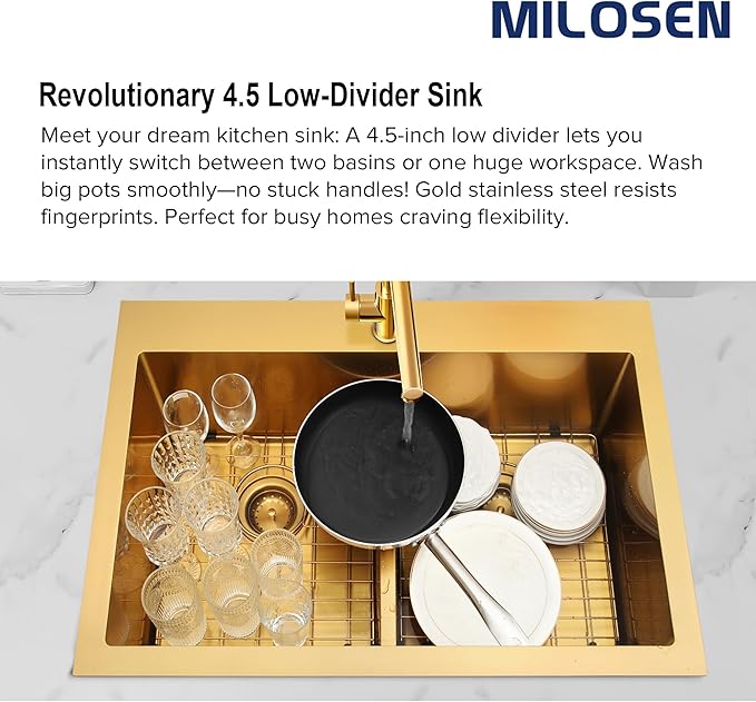 MILOSEN 33''x22'' Gold Double Bowl Kitchen Sink, 50/50 T304 Stainless Steel Drop in Gold Kitchen Sinks, Topmount Large and Deep Workstation Sink, Handmade Low-Divide Double Basin with Accessories