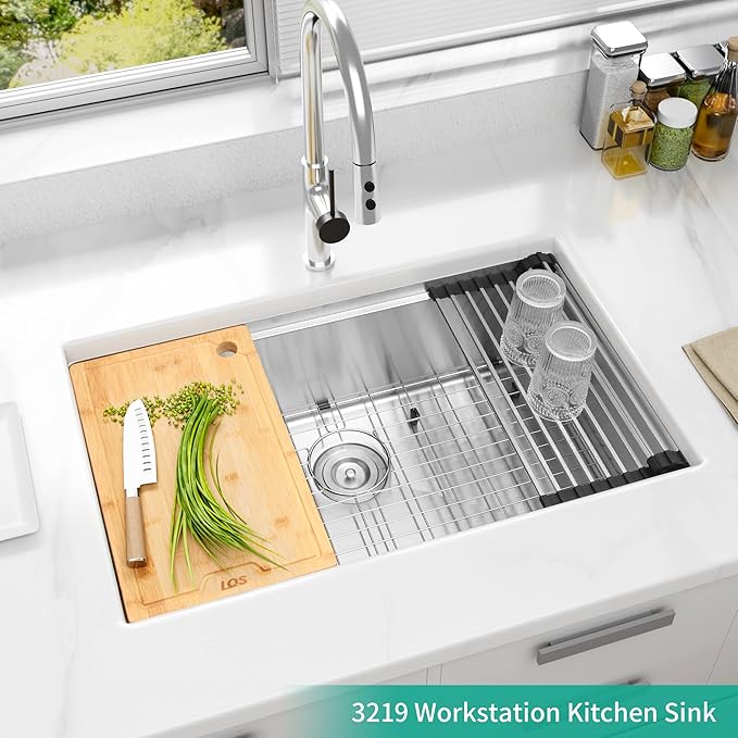 LQS 32 Inch Undermount Kitchen Sink, 32” x 19” Stainless Steel Kitchen Sink, Undermount Sinks, Handmade Deep Single Bowl Sinks with R10 Round Corner and Abundant Accessories