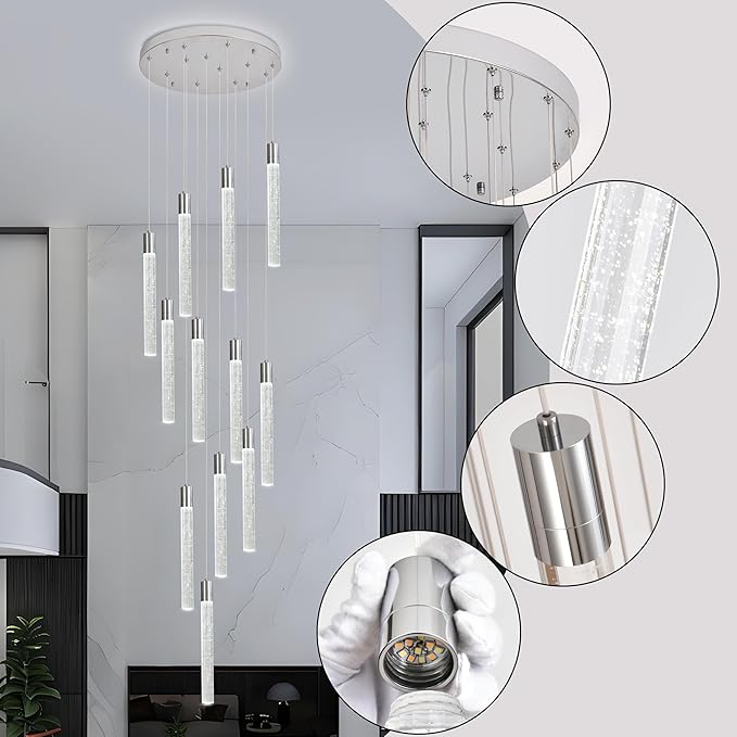 12-Lights Bubble Chandelier for Entryway High Ceiling-137 Height Adjustable Crystal Chandelier,3 Color Temperature Dimmable LED Pendant Light Fixture for Foyer Living Room Staircase,Chrome