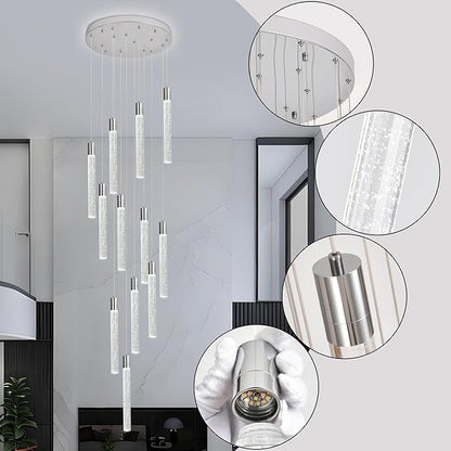 12-Lights Bubble Chandelier for Entryway High Ceiling-137 Height Adjustable Crystal Chandelier,3 Color Temperature Dimmable LED Pendant Light Fixture for Foyer Living Room Staircase,Chrome