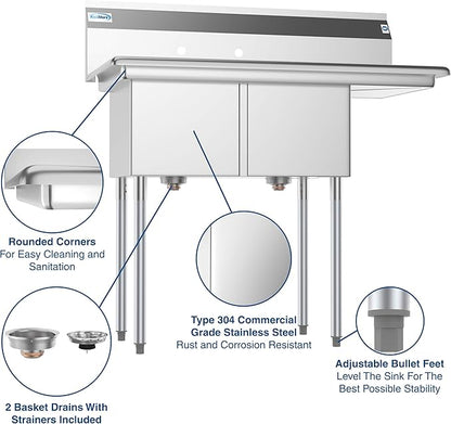 KoolMore 2 Compartment Stainless Steel NSF Commercial Kitchen Prep & Utility Sink with Drainboard - Bowl Size 14" x 16" x 11", Silver