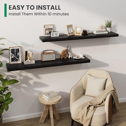 Solid Wood Floating Shelves For Wall, 55”W x 9”D x 1.56”H Large Wall Shelves for Living Room Bedroom Bathroom Kitchen Drcor Storage with Invisible Heavy-Duty Metal Bracket, Carbonized Oak, 2 Pack
