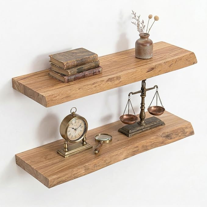 Acovy Extra Deep 24" Long Live Edge Rustic Floating Shelves for Wall, Solid Wood Wall Shelves with Invisible Bracket Mount for Living Room Bathroom Bedroom Kitchen, Set of 2, Natural