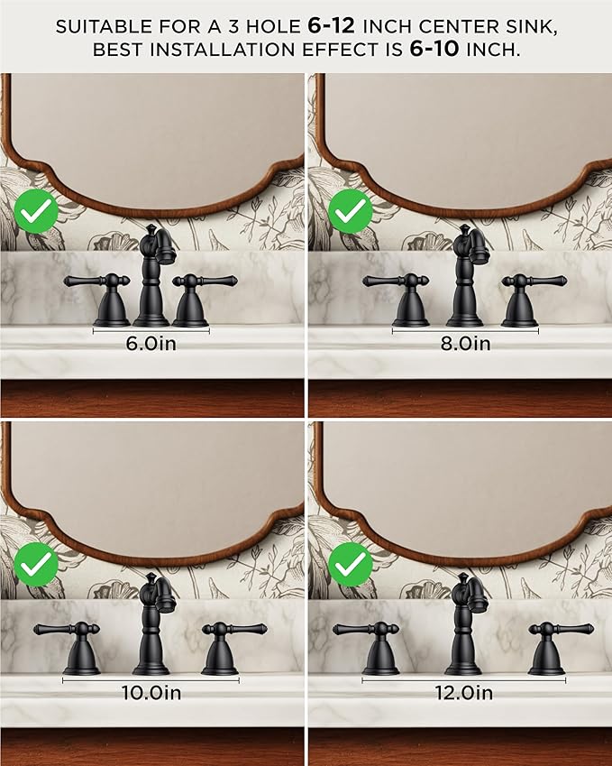 FORIOUS Matte Black Bathroom Faucets 3 Hole, Widespread Bathoom Sink Faucet Dual Handle with Pop-Up Drain and Water Supplies for Commercial Vanity Lavatory Restroom Farmhouse