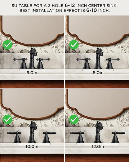 FORIOUS Matte Black Bathroom Faucets 3 Hole, Widespread Bathoom Sink Faucet Dual Handle with Pop-Up Drain and Water Supplies for Commercial Vanity Lavatory Restroom Farmhouse
