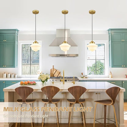 Gold Schoolhouse Light Fixture 8" Milk Glass Light Fixture Mid Century Pendant Light Milk Glass Pendant Light Schoolhouse Pendant Light for Bedroom Dining Room Kitchen (Bulb Incl.)