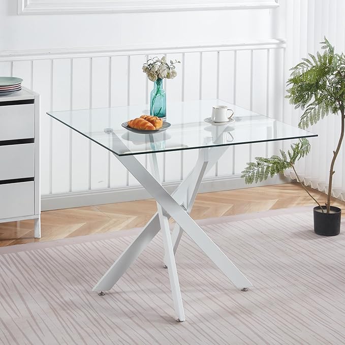 SSLine 35.4" Square Glass Dining Table for 2-4 Modern Clear Glass Tabletop Kitchen Table for 4 Luxury Dinner Tables with White Metal Legs for Home Kitchen Dining Room(Table Only)