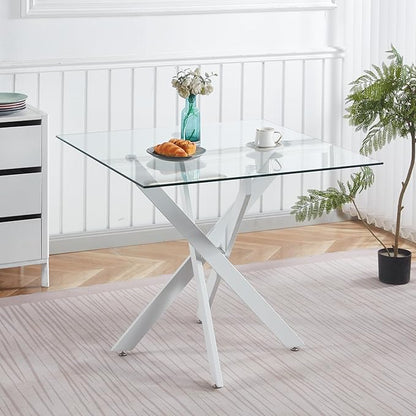 SSLine 35.4" Square Glass Dining Table for 2-4 Modern Clear Glass Tabletop Kitchen Table for 4 Luxury Dinner Tables with White Metal Legs for Home Kitchen Dining Room(Table Only)
