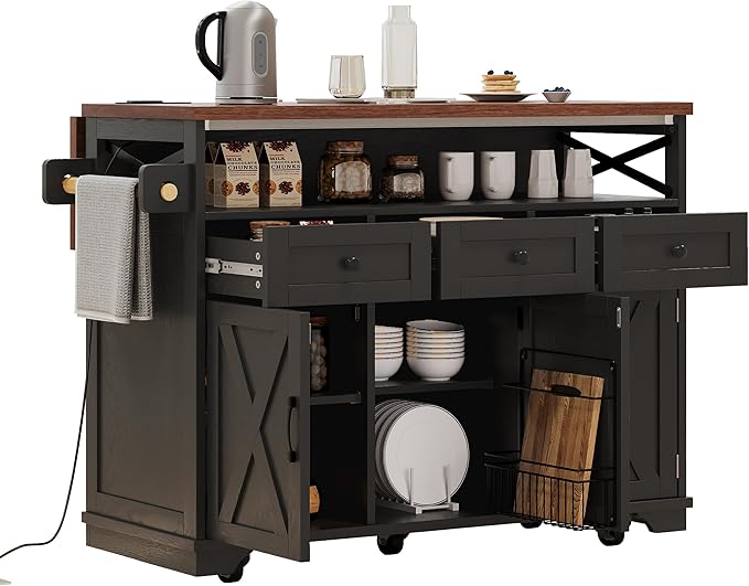 Ball & Cast 46.5" Kitchen Island with Drape of Beads&Power Outlet,Rolling Kitchen Cart on 5 Wheels W/ 3 Drawers,Kitchen Storage Cart W/Internal Iron Shelf&Towel Rack,for Kitchen,Dining Room,Black