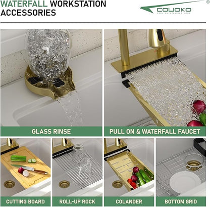 33x22 Drop In Waterfall Kitchen Sink White Granite Composite Smart Kitchen Sink Multifunction Single Bowl Top Mount White Multifunctional Waterfall Smart Sinks with Faucet Combo Glass Rinser