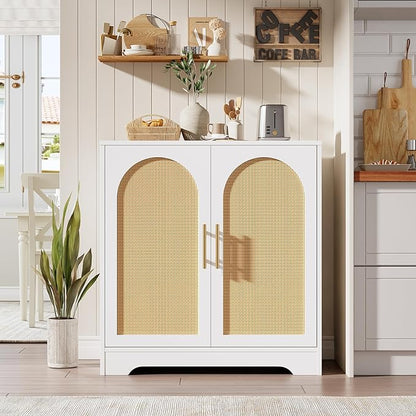 GarveeHome Sideboard Buffet Cabinet - Credenza Storage with 2 Rattan Doors and Shelves, Modern Console Table Accent Coffee Bar Cabinet for Living Room, Kitchen, Hallway, Dining Room, Entryway, White