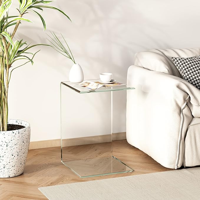 Tempered Glass End Table, Sofa Side Table Clear C-Shape Design for Living Room, Versatile Nightstand with Smooth Edges (C-Shape end Table)