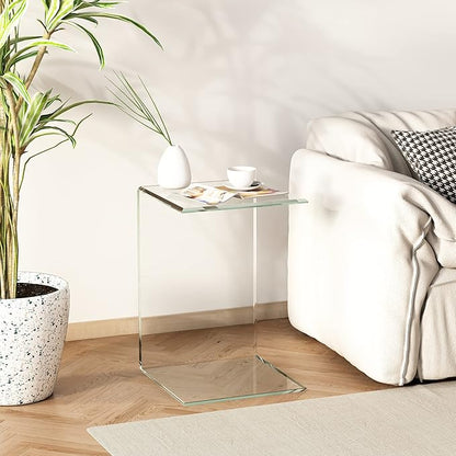 Tempered Glass End Table, Sofa Side Table Clear C-Shape Design for Living Room, Versatile Nightstand with Smooth Edges (C-Shape end Table)