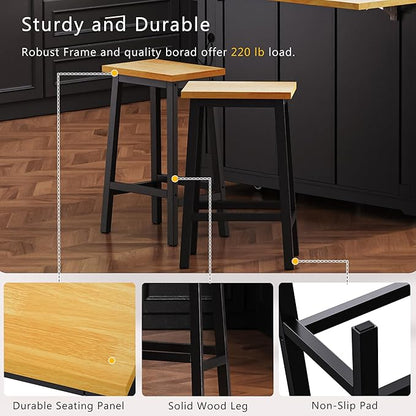 YOPTO 53" Large Kitchen Island with 2 Bar Stools,Power Outlet & Door Internal Storage Rack,Kitchen Storage Cart on 5 Wheels W/Drop Leaf,5 Open Side Racks & 3 Drawers,for Kitchen,Dining Room,Black