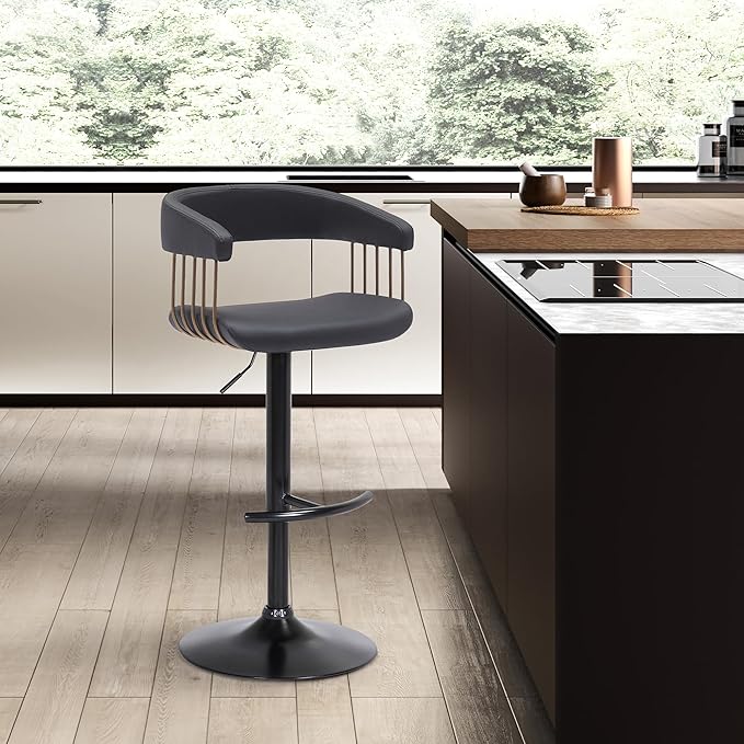 Armen Living Calista Adjustable Height Mid Century Modern Swivel Bar Stool for Kitchen Island Counter in Black Faux Leather with Golden Bronze and Black Metal