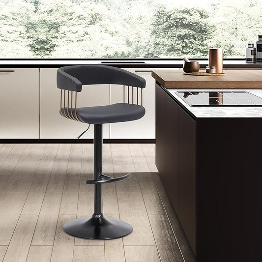 Armen Living Calista Adjustable Height Mid Century Modern Swivel Bar Stool for Kitchen Island Counter in Black Faux Leather with Golden Bronze and Black Metal