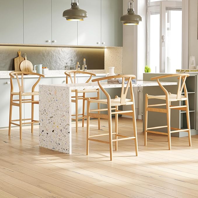 Modern Dining Chairs with Natural Weave Seat - Sturdy Construction Bar Stools for Kitchen Island, Versatile Use in Dining Room and Bedroom, Stylish Simple Design Comfortable Fully Assembled,Natural-Ra