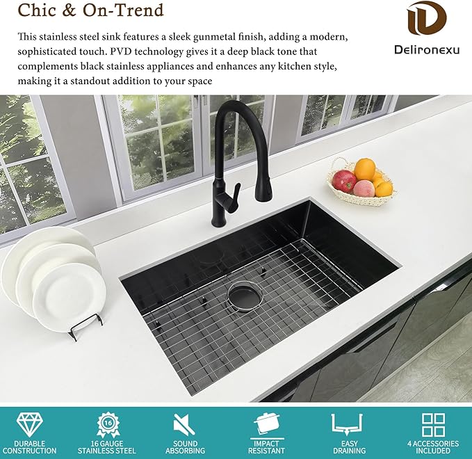 32 Inch Black Kitchen Sink Undermount - Delironexu Undermount Kitchen Sink Black, 16 Gauge Stainless Steel kitchen Sinks Single Bowl, 32''x18'' black Stainless Steel sink with 4 Accessories