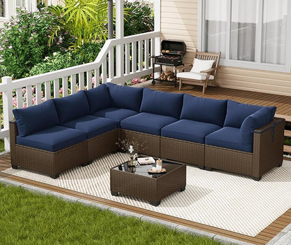 LOUVIXA 7 Piece Outdoor Patio Furniture Set, Outdoor Sectional Sofa, Wicker Rattan Patio Furniture, Patio Conversation Set with Coffee Table & Cushions