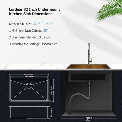 Lordear 32 Undermount Kitchen Sink Matte Gold 32X19 Kitchen Sinks16 Gauge Stainless Steel Deep Single Bowl Handmade Sink Basin