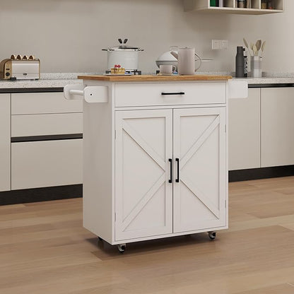 Modern Dining Table Kitchen Island Rolling Trolley Cart with Shelves, Drawer, Doors, Towel Rack & Seasoning Rack - Rubber Wood Table Top for Dining Room,White-MDF-2