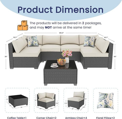 olimix 7 Piece Outdoor Patio Furniture Set, Outdoor Sectional Furniture, Rattan & Wicker Modern Modular Conversation Set Sofa Couch W/Water Resistant Washable Thick Cushions, Coffee/Beige