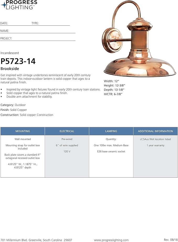 Progress Lighting Brookside Collection 1-Light Outdoor Wall Light, Exterior Wall Lights for Garage Lights, Porch Light, Garages, 12" by 12.375", Copper Finish