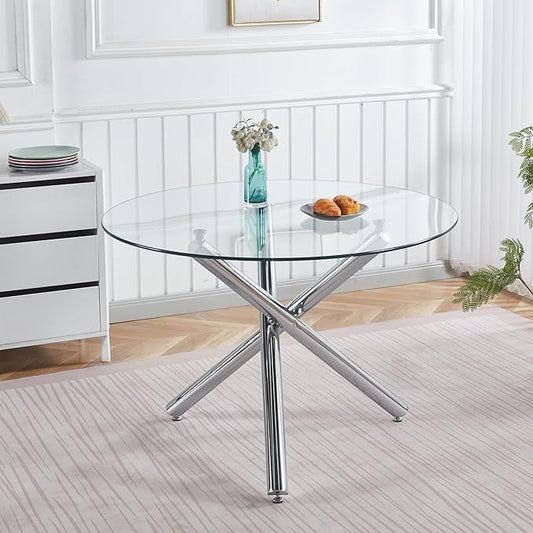 Round Glass Dining Table 43.3'' Inch Modern Round Kitchen Table with Metal Legs Durable Stylish Dinner Table for Dining Room Kitchen