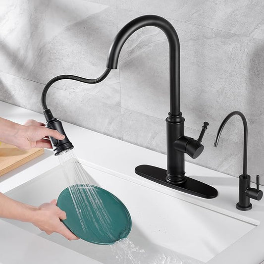 SUMERAIN Stainless Steel Matte Black Kitchen Sink Faucets with Pull Down Sprayer and 10" Deck Plate Single Lever